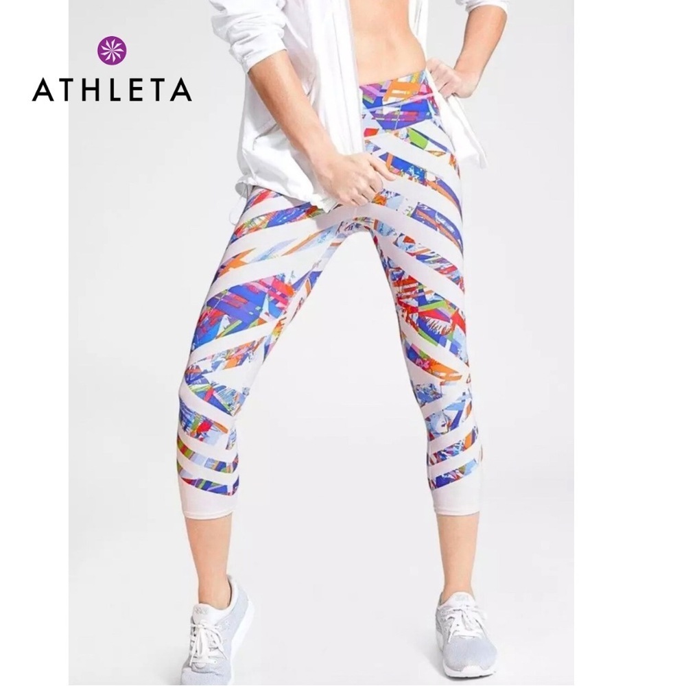 Athleta White Crop Leggings with Multicolor Geometric Stripes
